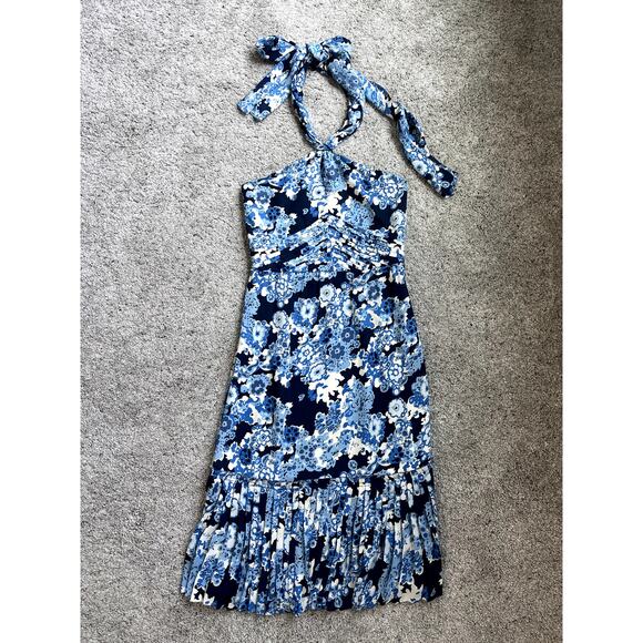 Tory Burch Blue Floral Silk Halter Neck Midi Dress - Picture 3 of 9